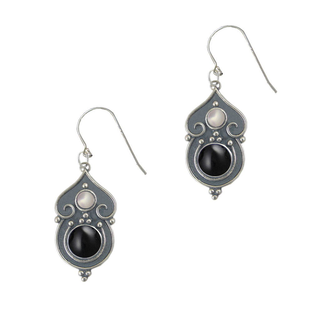 Sterling Silver Gothic Inspired Drop Dangle Earrings With Black Onyx And Cultured Freshwater Pearl